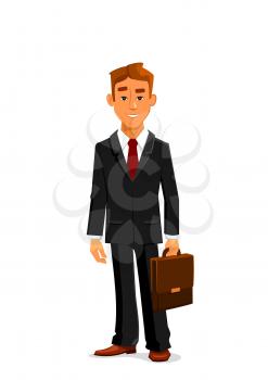 Handsome young cartoon businessman in elegant black suit with red tie is standing with leather briefcase in hand. Great for business people avatar and office workers design