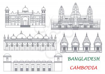 Ancient temples and mosques of Cambodia and Bangladesh thin line icons for exotic tourist attractions and travel concept design with Angkor Wat and Dhakeshwari National Temples, Sixty Dome Mosque, Lal