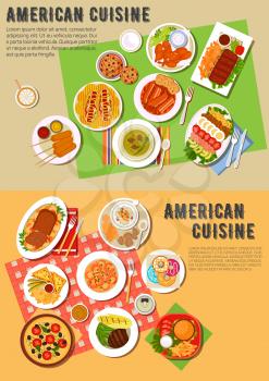 American picnic dinner with fast food and barbecue dishes flat icon with hot dogs and cheeseburger, pizza, french fries and kebabs, grilled meat, clams and vegetables, beans with bacon and hot sandwic