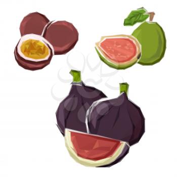 Polygonal deep violet figs, green guava and purple maracuja fruits symbols with abstract geometric low poly slices. Grocery store and vegetarian dessert design usage