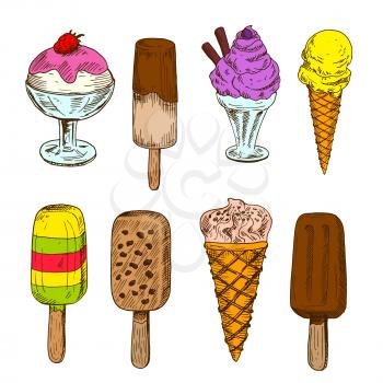 Milk and dark chocolate ice cream bars on sticks sketches with lemon and caramel italian gelato cones, fruit juice popsicle, vanilla and berry sundae desserts topped with fresh fruits and syrup 