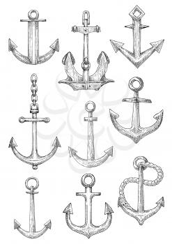 Old fashioned decorative sailing ships admiralty anchors and large naval anchor with chain and twisted rope rodes. Marine club symbol or nautical theme design