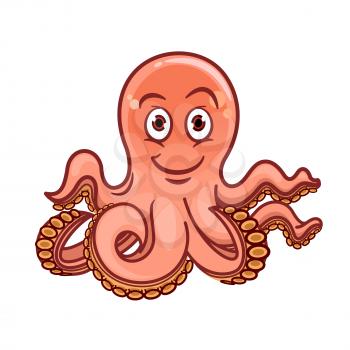 Cartoon childish illustration of pink octopus resting on sea bottom with rolled up tentacles. Zoo aquarium symbol, t-shirt print or fairytale hero design usage