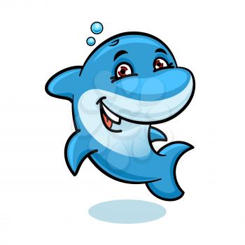 Cheerful cartoon bright blue atlantic bottlenose dolphin character showing tricks and playing in the water. Marine animals show or summer vacation symbol, sea life theme design 