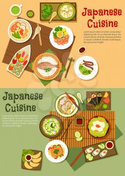 Seafood menu of japanese cuisine icon with sushi, sashimi and oysters, rice topped with caviar and steamed fish, udon and ramen soups, fried dumplings and blood sausage skewers, teriyaki salmon and sh