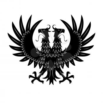 Double headed black eagle symbol with raised wings and wide open beaks with long tongues. Medieval royal heraldry or coat of arms design usage