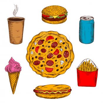 Pepperoni pizza icon with mushrooms, tomatoes and olives toppings surrounded by fast food cheeseburger and hot dog, takeaway coffe and french fries, strawberry ice cream cone and can of soda drink. Sk