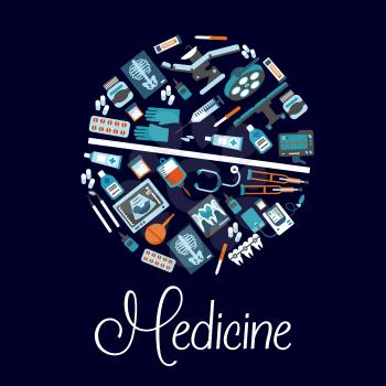 Dentistry and surgery, therapy and pharmaceutical symbols arranged into a shape of a pill with flat icons of dentist chair and instruments, medicines and stethoscope, operation table and blood bag, ec