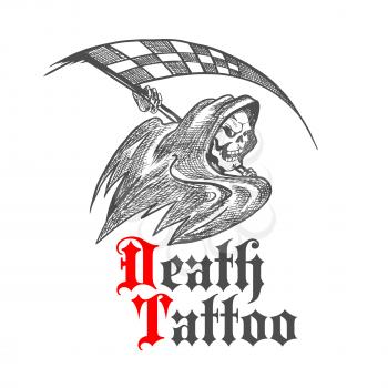 Cruel skeleton icon in black hooded cape threatening with checkered racing flag in a shape of scythe. Great for racing sport symbol, tattoo or grim reaper mascot design