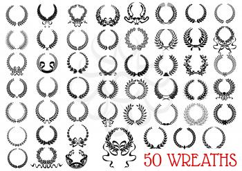 Black heraldic floral wreaths icons with laurel and olive branches, flowers, wheat ears and herbal twigs arranged into circle frames with ribbon banners and decorative bows. Victory and awarding desig