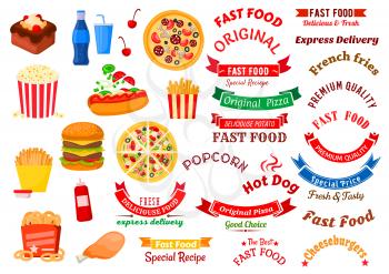Fast food cafe icons for sign board or delivery service design usage with cheeseburger, hot dog and chicken leg, french fries, pizza and onion rings with sauces, popcorn and chocolate cake with soft b