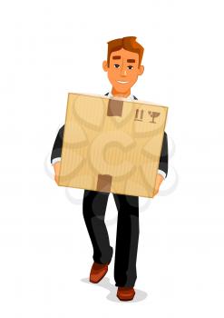Delivery service, postal carrier or postman professions design. Elegant young man cartoon character in black business suit is delivering a parcel to recipient