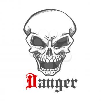 Hellish grin of dangerous human skull sketch drawing for tattoo or t-shirt print design usage with laughing skeleton character and caption Danger