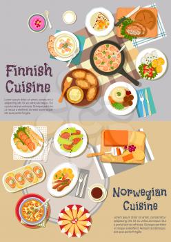 Scandinavian cuisine dinner flat icon with finnish rye and rice pies, sausage sauce and meat balls, salmon soup, pickled herrings, cheese bread and berry porridge, norwegian cheese and salmon steaks, 