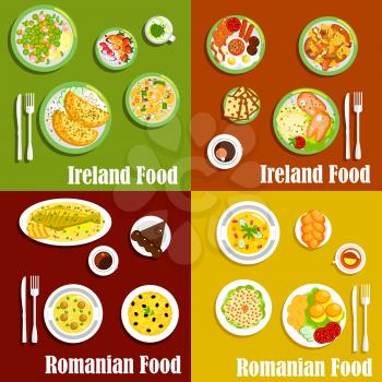 Traditional irish full breakfast and romanian mamaliga flat icons served with pancakes and corned beef salad, pigs fits and meatball soup, grilled fish and potato casserole, vegetable and meat stews, 