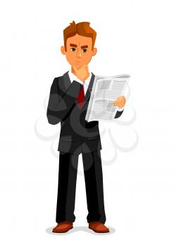Cartoon thoughtful businessman is reading newspaper. Full length illustration of standing young man in a business suit is reading newspaper and touching a chin in confusion