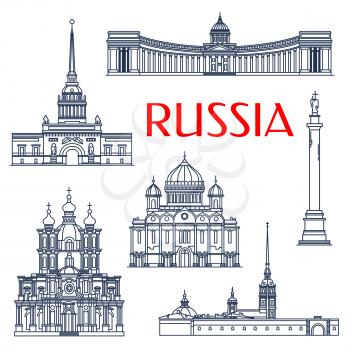 Tourist attractions of russian architecture symbols for vacation planning and travel agency design with linear Smolny and Kazan Cathedrals, Russian Admiralty and Alexander Column, Peter and Paul Fortr