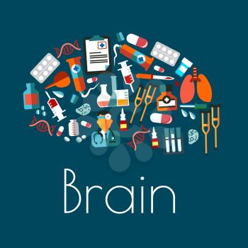 Aggregate symbol of human brain with flat icons of doctor and lungs, pills and syringes, laboratory flasks and tubes, medicines, dna and cell models, clipboard, crutches and enema