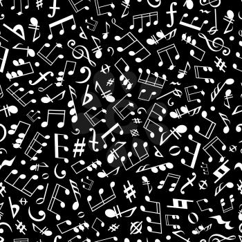 Seamless white musical notation pattern on black background for music, arts and entertainment themes design with scattered musical notes, marks and symbols