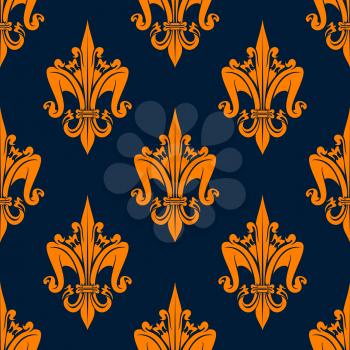 Victorian seamless floral heraldic pattern of orange medieval fleur-de-lis with decorative leaves scrolls and flowers on dark blue background. May be use as fabric print or heraldry theme design