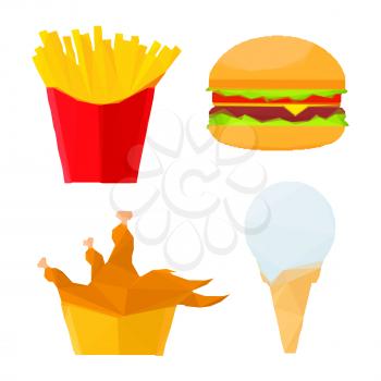Low poly stylized geometric cheeseburger with fresh vegetables, deep fried chicken and french fries in paper cups, melted vanilla ice cream cone icons. Great for fast food restaurant menu or interior 