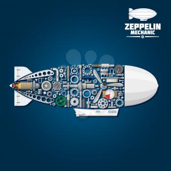 Mechanical silhouette of zeppelin airship symbol with modern gondola, rudder and envelope composed of propeller and turbine, gear wheels and bearings, pressure hoses and gauges, pilot control wheel, v