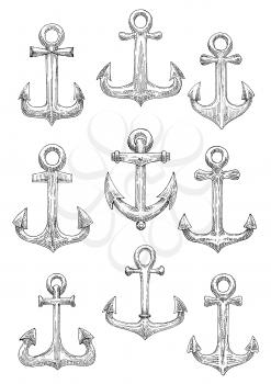 Vintage sailing ships anchors engraving stylized sketch symbols for nautical theme or yacht club and marine adventure design with admiralty pattern anchors