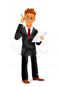 Cartoon pensive businessman in black business suit and glasses is attentively reading a contract or commercial agreement. Business documentation, paperwork, contract signing design usage