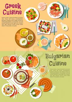 Typical national dishes of Greece and Bulgaria symbol of greek and bulgarian vegetable salads with cheese, olives, tzatziki and tomato sauces, grilled kebabs and feta, cold soup and bean stew, souvlak