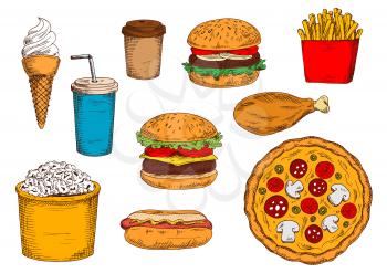 Hamburger and cheeseburger with soda, hot dog and pizza with coffee, paper boxes of french fries and popcorn, chicken leg and ice cream cone sketch icons for fast food restaurant design