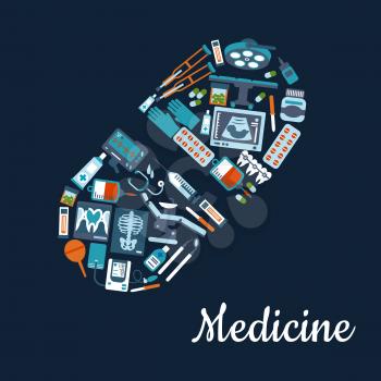 Silhouette of a pill composed of medical services and pharmaceutical flat icons such as stethoscope, medicine bottles and blood bags, pills and syringe, operating room equipments and dentist tools, xr