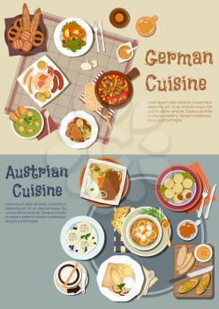 Hearty german and austrian dinners with desserts and drinks symbol of grilled sausages and sandwiches, pork stew and goulash, pea soup and pot roast, meat and plum dumplings, bavarian bread, pretzels 