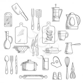 Kitchen utensils and appliances sketch icons of tea and coffee pots, knives, forks and spoon, cup, glass and jug, spatula and cutting boards, grater and rolling pin, electric kettle and pot, whisk, sc