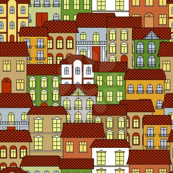Colorful seamless old town cityscape pattern background for traveling and architecture themes design with vintage house facades and brown ceramic roofs, forged balcony balustrades and figured columns