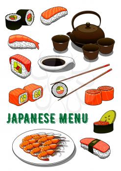 Traditional japanese sushi rolls and nigiri, futomaki and gunkan icons served with marinated salmon, tuna and shrimps, avocado and roe, spicy teriyaki prawns and soy sauce, ceramic tea set and chopsti