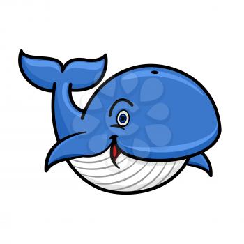 Cartoon baleen whale character with blue spine and striped white underside swimming with playfully raised tail and happy smile. Use as marine wildlife mascot or t-shirt print design