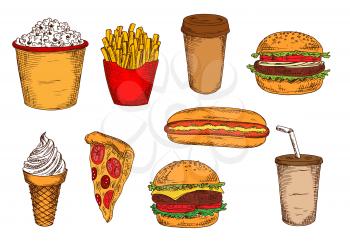Takeaway packages of french fries and popcorn, fast food hamburger, cheeseburger, hot dog and slice of pizza, paper cups of coffee and soda, soft serve ice cream cone sketches