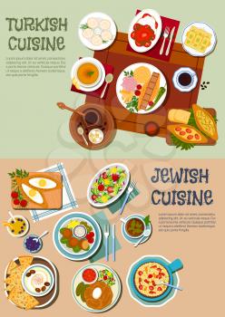 Festive dishes of jewish and turkish cuisine symbol with kebabs and pilaf, hummus with olives and matzah, falafels, vegetable and chickpea salads, dumplings and open pies, lentil soup and cholent stew