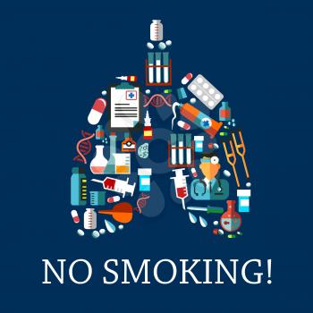 No smoking symbol with flat icons of doctor and medicine bottles, pills, capsules and syringes, laboratory flasks and test tubes, dna and cell models, pipettes, enema and crutches arranged in a shape 