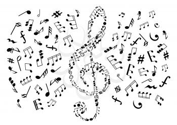 Treble clef icon composed of musical symbols and marks, surrounded by notes and key signatures, rests and chords, bass clefs and dymamics signs. May be use as music, arts and entertainment themes desi