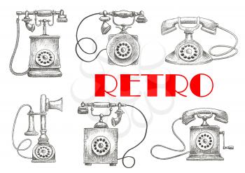 Old fashioned rotary dial telephones vintage engraving sketch illustration with decorative handsets. Contact us button or communication theme design usage