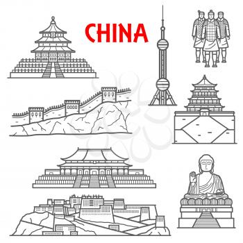 Famous ancient and modern tourist attractions of China icon for travel design with linear symbols of Great Wall, statues of Terracotta Army and Tian Tan Buddha, Forbidden City complex and Temple of He