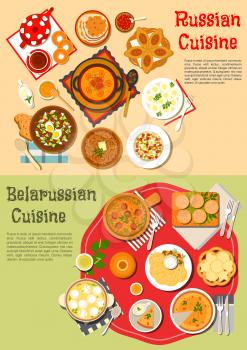 Traditional russian thin pancakes blini and belarusian potato fritters draniki flat icon served with cold soup and shchi, pies and knishes, buckwheat porridge and olivier salad, soup with dumplings an
