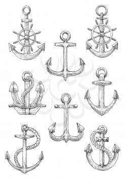 Retro nautical anchors with helms and twisted ropes isolated sketch icons with decorative arrow shaped flukes and curved arms. Marine club symbol or jewelry design usage