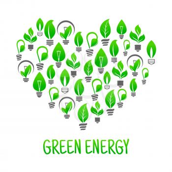 Green energy heart abstract symbol with ecology friendly light bulbs composed of screw caps and fresh green leaves and sprouts. Great for ecological concept or saving energy theme design