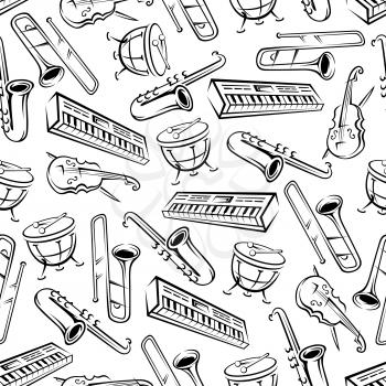 Musical background with sketch seamless pattern of saxophones and trombones, timpani drums and violins, synthesizers and cellos. Music and arts themes or scrapbook page backdrop design