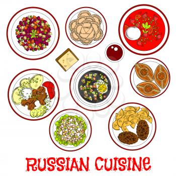 National dishes of russian cuisine for dinner menu icon with borscht and cold soup with rye bread kvass, beef stroganoff and cutlets with potatoes, meat and vegetable salads, dumplings and meat pies p