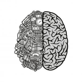 Human machine brain symbol with detailed illustration of combined human brain with automatic computing engine equipments. Great for computer technology and artificial intellect theme or education conc