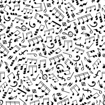 Music and sound background with black and white seamless pattern of beamed and half notes, quavers, chords and rests, treble and bass clefs, key signatures and dynamics