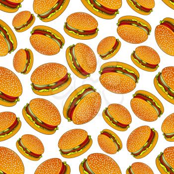 Takeaway fast food burgers background for cafe menu design usage with seamless pattern of hamburgers on sesame rolls with patties of ground beef, tomatoes, onions and pickles